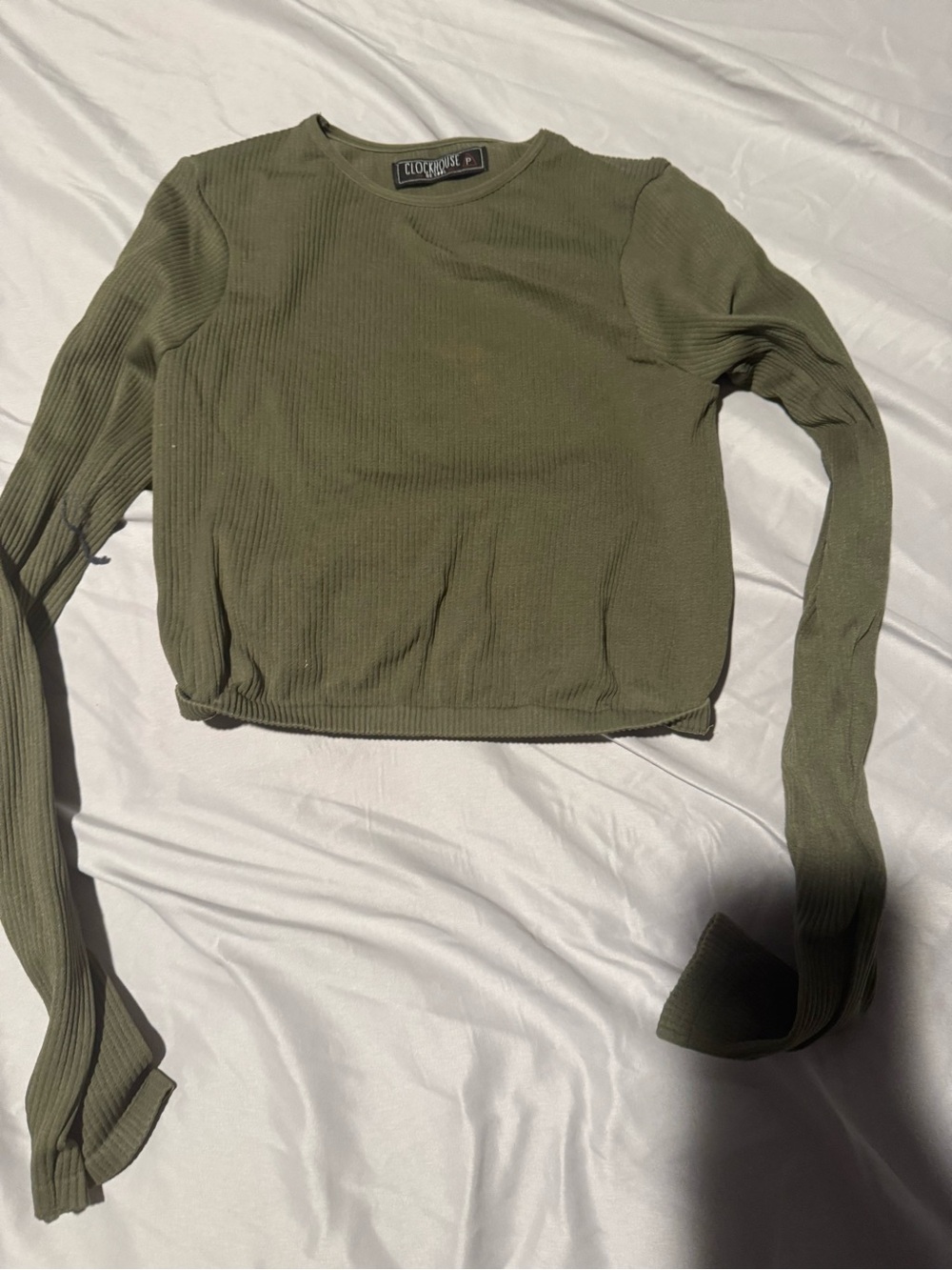 Olive Green Ribbed Long-Sleeve Cropped Top